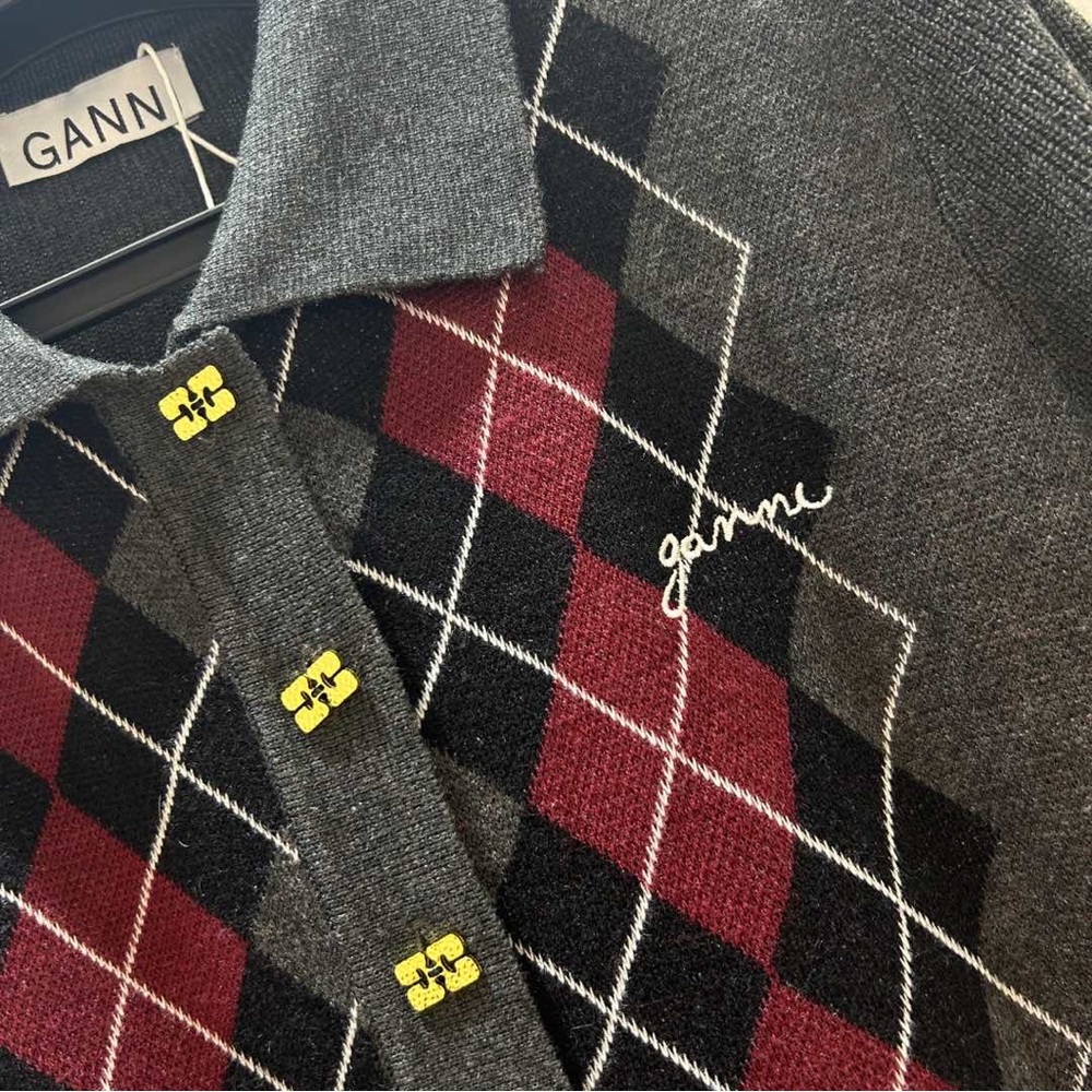 Ganni Gray Argyle Sweater Cardigan - Picture 5 of 9